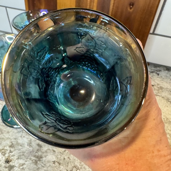 Vintage Glass Goblets with Grape Design, Iridescent Blue, Set of 4 - Picture 4 of 4